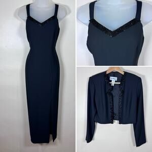 VTG Karen Miller Dress 90s Formal Maxi Black Beaded High Slit Wedding Guest 4P
